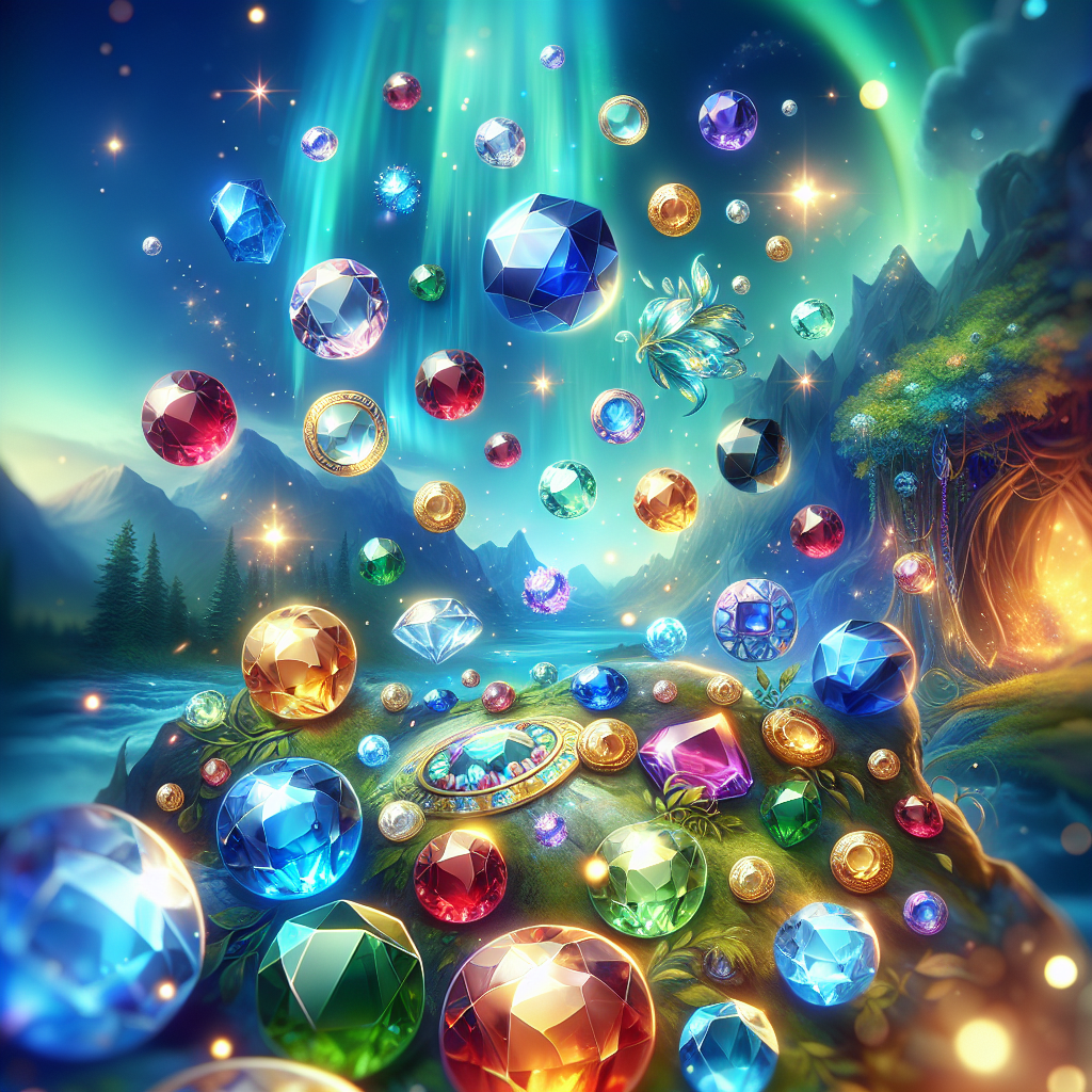 Gemas brillantes y coloridas en un fondo mágico